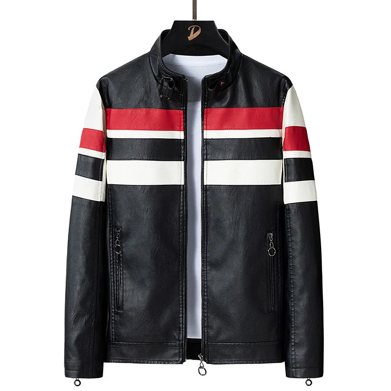 Herren Kunstleder‑Motojacke im Racing‑Stil mit Stehkragen und Zierstreifen Nord Taschen
