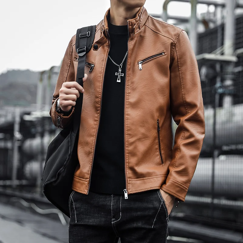 Herren Kunstleder-Motojacke im Aviator‑Stil mit Stehkragen und funktionalen Reißverschlüssen Nord Taschen