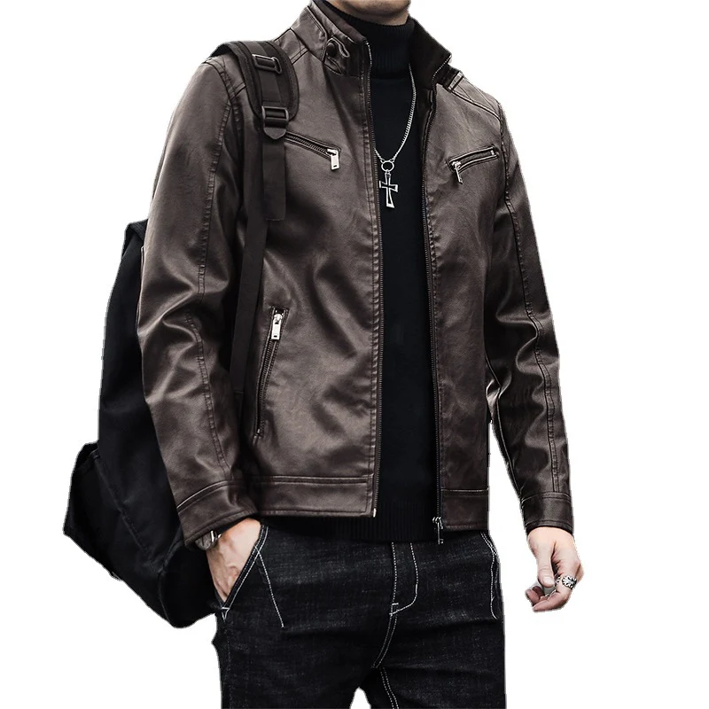 Herren Kunstleder-Motojacke im Aviator‑Stil mit Stehkragen und funktionalen Reißverschlüssen Nord Taschen