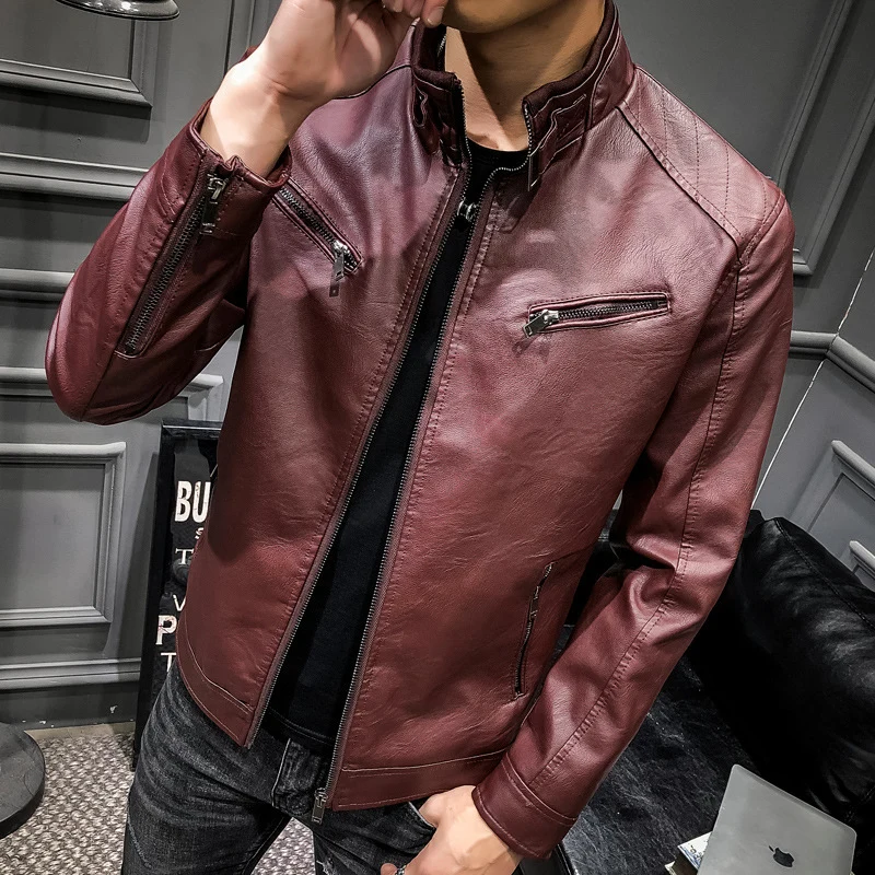 Herren Kunstleder-Motojacke im Aviator‑Stil mit Stehkragen und funktionalen Reißverschlüssen Nord Taschen