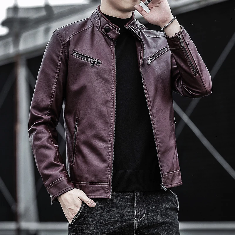 Herren Kunstleder-Motojacke im Aviator‑Stil mit Stehkragen und funktionalen Reißverschlüssen Nord Taschen