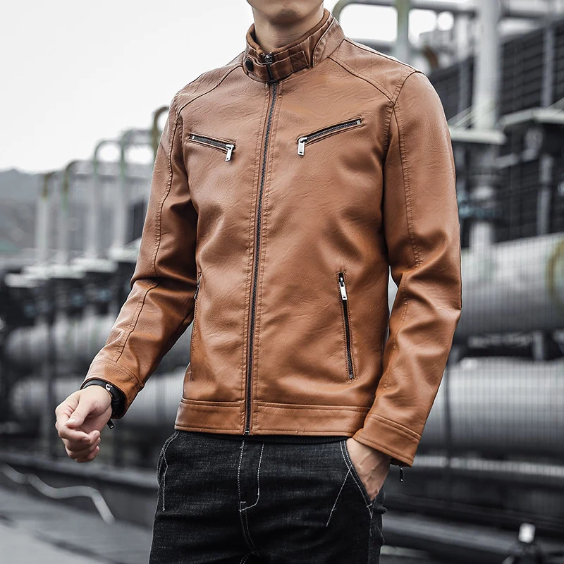 Herren Kunstleder-Motojacke im Aviator‑Stil mit Stehkragen und funktionalen Reißverschlüssen Nord Taschen