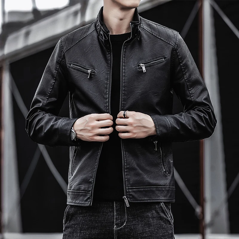 Herren Kunstleder-Motojacke im Aviator‑Stil mit Stehkragen und funktionalen Reißverschlüssen Nord Taschen