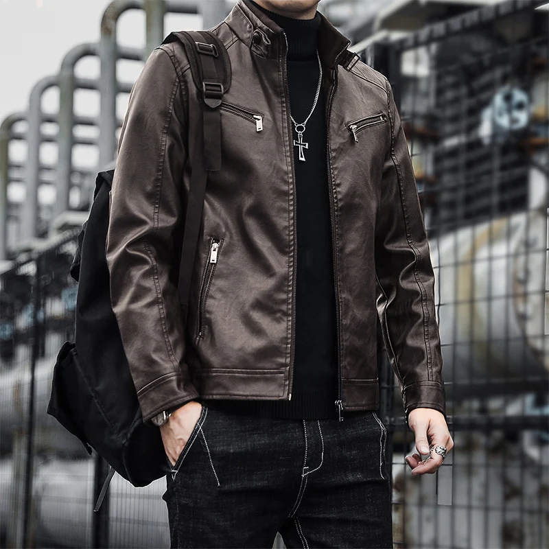 Herren Kunstleder-Motojacke im Aviator‑Stil mit Stehkragen und funktionalen Reißverschlüssen Nord Taschen
