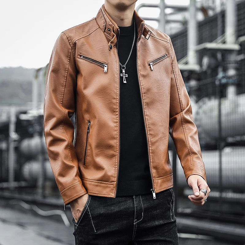 Herren Kunstleder-Motojacke im Aviator‑Stil mit Stehkragen und funktionalen Reißverschlüssen Nord Taschen