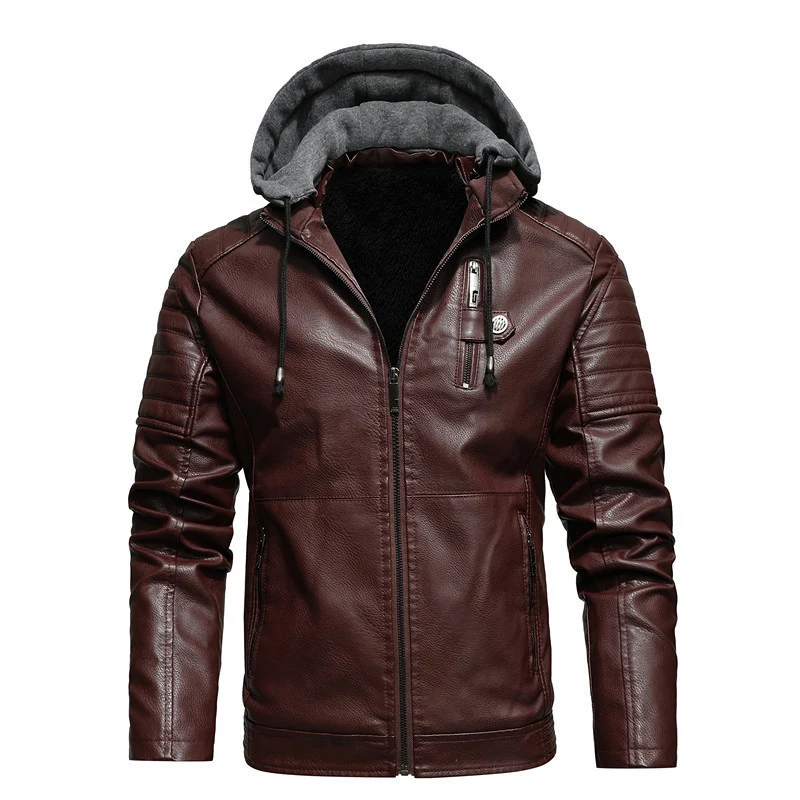 Herren Kunstleder-Hoodie-Blouson mit Teddyfutter, gesteppter Ärmelpasse und Kapuzenlayer Nord Taschen