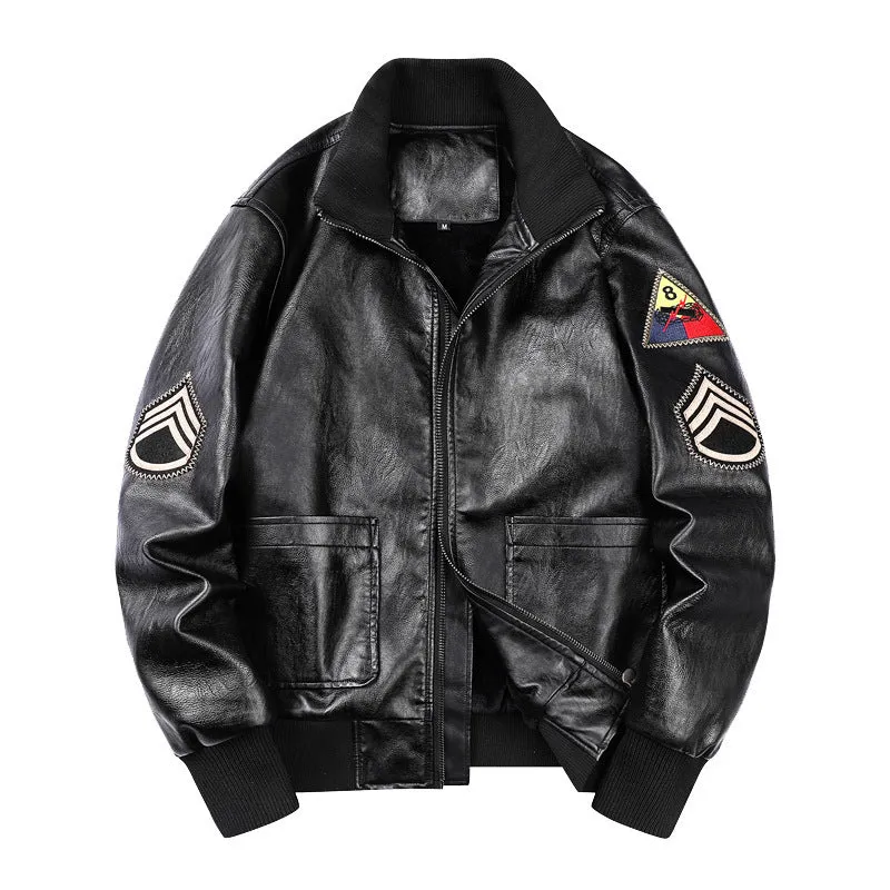 Herren Kunstleder‑Fliegerblouson im Vintage‑Utility‑Stil mit Patches und Rippbündchen Nord Taschen