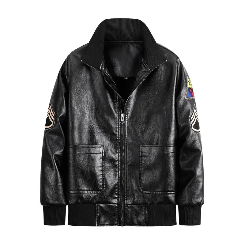 Herren Kunstleder‑Fliegerblouson im Vintage‑Utility‑Stil mit Patches und Rippbündchen Nord Taschen