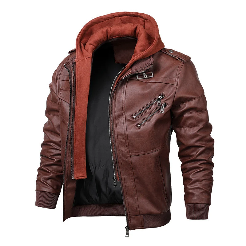 Herren Kunstleder-Bomberjacke mit Kapuzenlayer, Schulterpatten und Utility-Taschen Nord Taschen