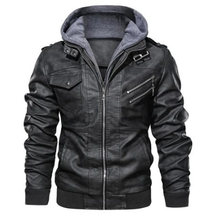 Herren Kunstleder-Bomberjacke mit Kapuzenlayer, Schulterpatten und Utility-Taschen Nord Taschen