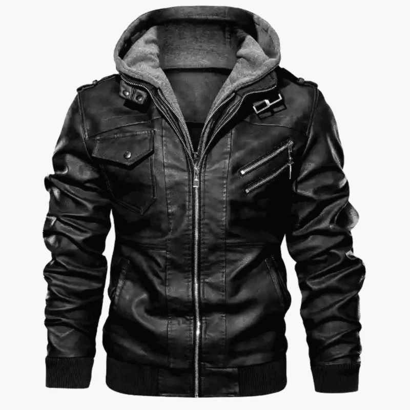 Herren Kunstleder-Bomberjacke mit Kapuzen-Inlay, Mehrfach-Reißverschlusstaschen und Rippbündchen Nord Taschen