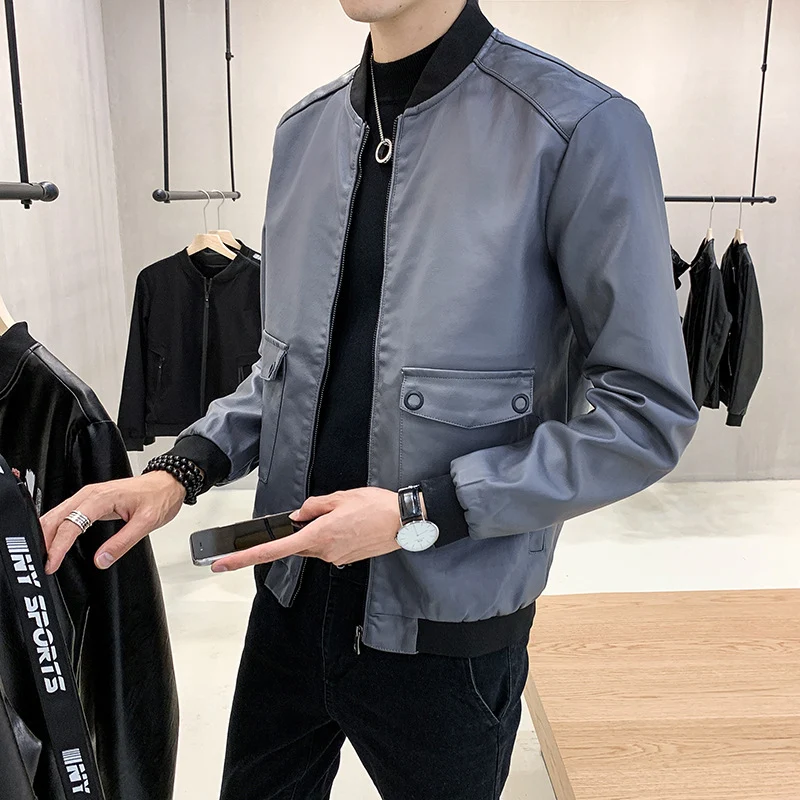 Herren Kunstleder-Bomberjacke im Aviator-Minimalstil mit Pattentaschen und Rippbündchen Nord Taschen