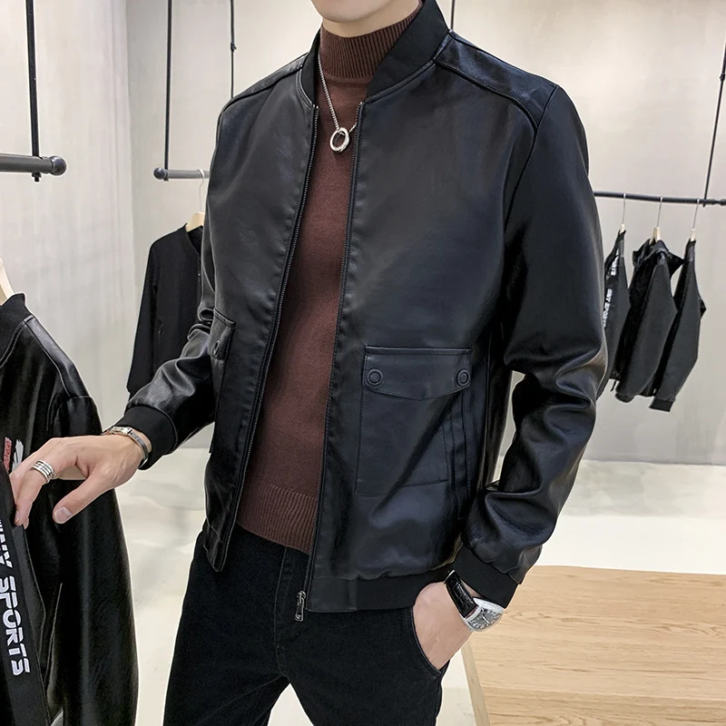 Herren Kunstleder-Bomberjacke im Aviator-Minimalstil mit Pattentaschen und Rippbündchen Nord Taschen