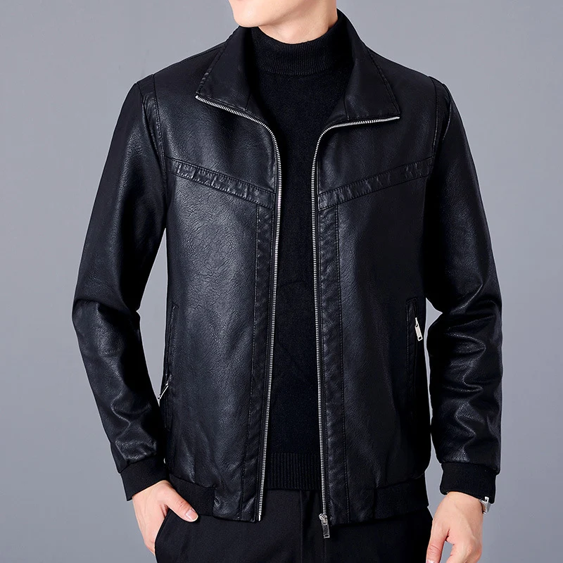 Herren Kunstleder-Bomberjacke im Aviator-Look mit Stehkragen und Reißverschluss Nord Taschen
