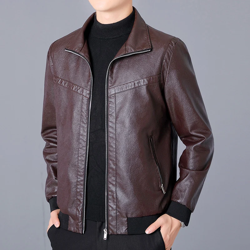 Herren Kunstleder-Bomberjacke im Aviator-Look mit Stehkragen und Reißverschluss Nord Taschen