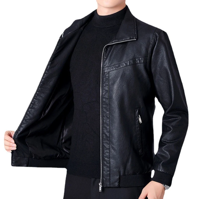 Herren Kunstleder-Bomberjacke im Aviator-Look mit Stehkragen und Reißverschluss Nord Taschen
