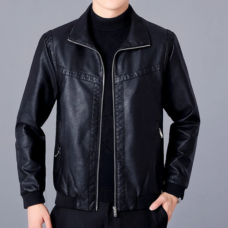 Herren Kunstleder-Bomberjacke im Aviator-Look mit Stehkragen und Reißverschluss Nord Taschen