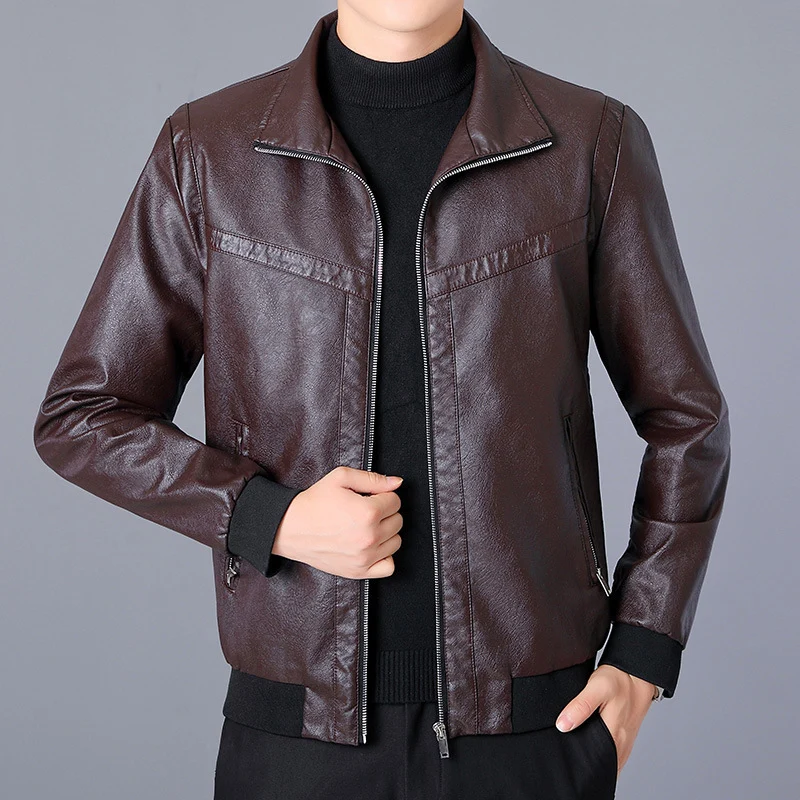Herren Kunstleder-Bomberjacke im Aviator-Look mit Stehkragen und Reißverschluss Nord Taschen