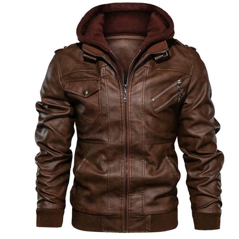 Herren Kunstleder-Bomberjacke im Aviator-Look mit Kapuzen-Innenfutter und schrägen Reißverschlusstaschen Nord Taschen