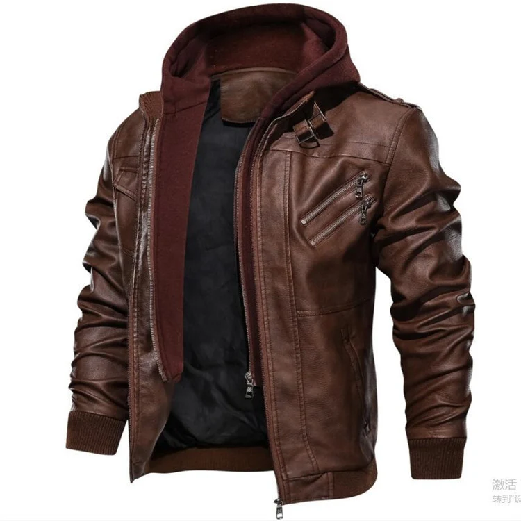 Herren Kunstleder-Bomberjacke im Aviator-Look mit Kapuzen-Innenfutter und schrägen Reißverschlusstaschen Nord Taschen