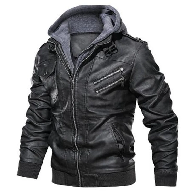 Herren Kunstleder-Bomberjacke im Aviator-Look mit Kapuzen-Innenfutter und schrägen Reißverschlusstaschen Nord Taschen