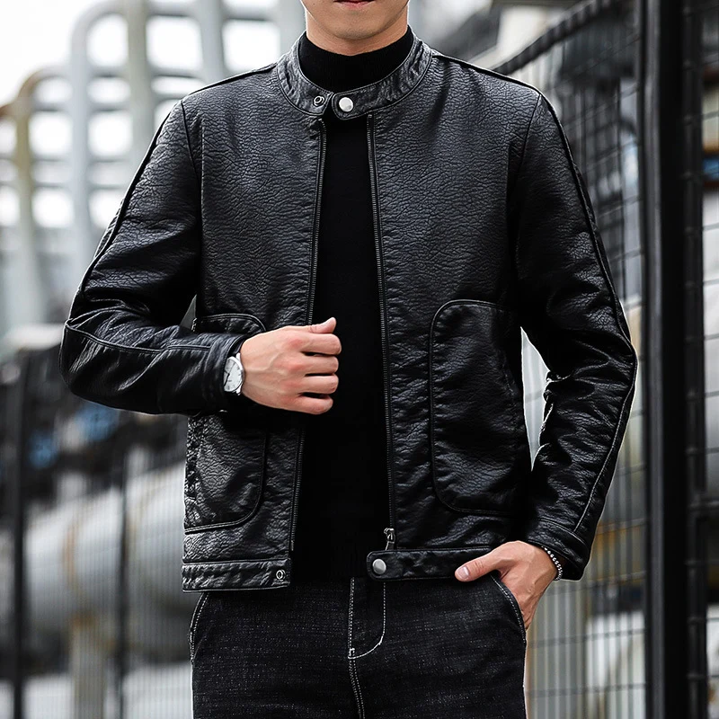 Herren Kunstleder-Blouson mit Stehkragen, Reißverschluss und aufgesetzten Pattentaschen Nord Taschen