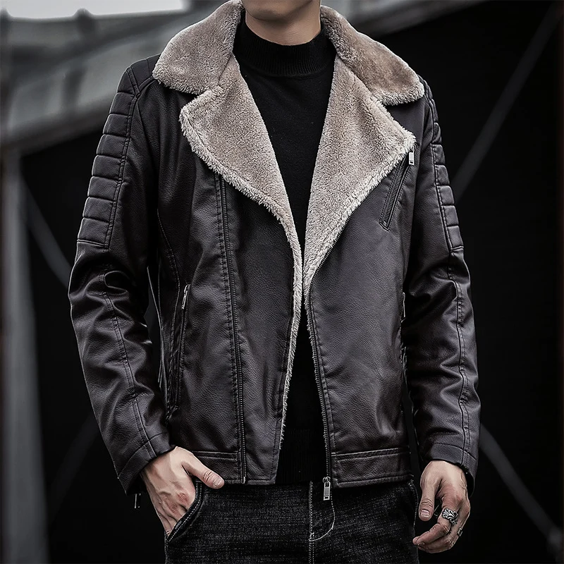 Herren Kunstleder-Bikerjacke mit Teddyfell-Futter und gesteppter Ärmeldetail Nord Taschen