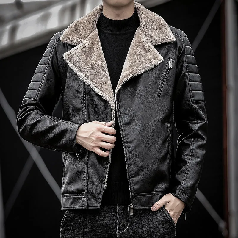 Herren Kunstleder-Bikerjacke mit Teddyfell-Futter und gesteppter Ärmeldetail Nord Taschen