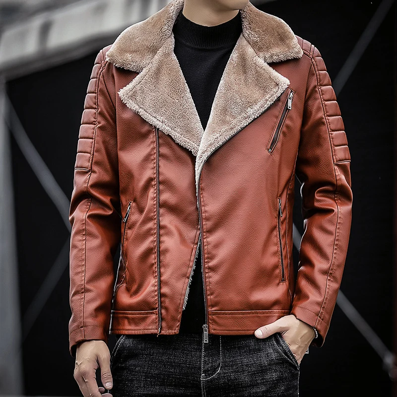 Herren Kunstleder-Bikerjacke mit Teddyfell-Futter und gesteppter Ärmeldetail Nord Taschen
