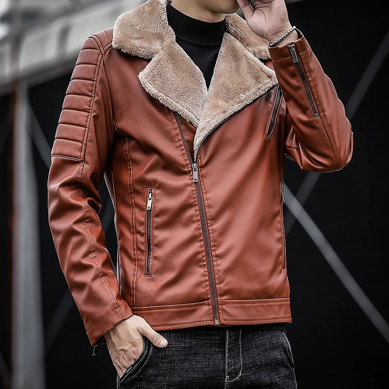 Herren Kunstleder-Bikerjacke mit Teddyfell-Futter und gesteppter Ärmeldetail Nord Taschen