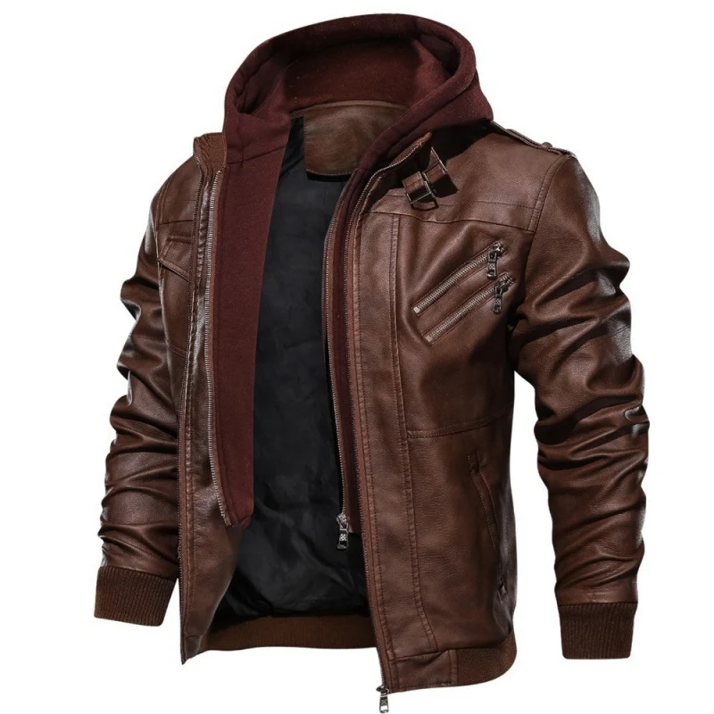 Herren Kunstleder-Bikerjacke mit integriertem Kapuzenlayer, Mehrfachtaschen und Rippbündchen Nord Taschen