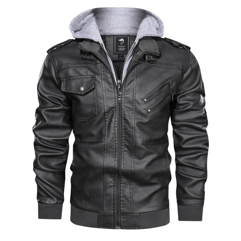 Herren Kunstleder-Bikerjacke mit integriertem Kapuzenlayer, Mehrfachtaschen und Rippbündchen Nord Taschen