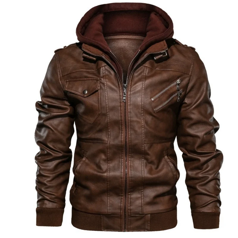 Herren Kunstleder-Bikerjacke mit integriertem Kapuzenlayer, Mehrfachtaschen und Rippbündchen Nord Taschen