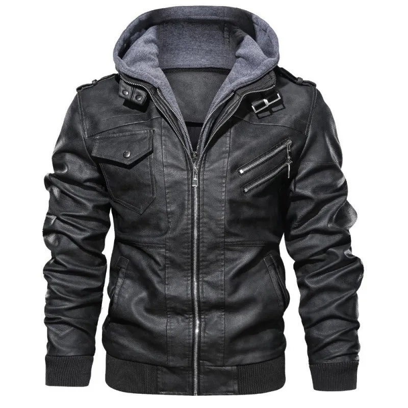 Herren Kunstleder-Bikerjacke mit integriertem Kapuzenlayer, Mehrfachtaschen und Rippbündchen Nord Taschen