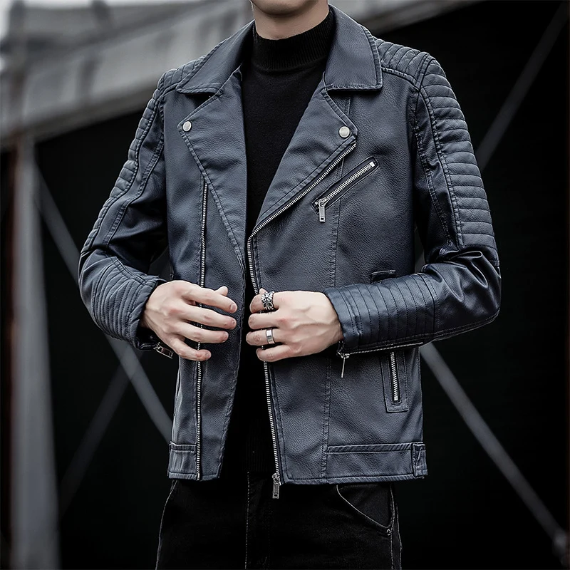 Herren Kunstleder-Bikerjacke mit gesteppter Ärmelpasse, asymmetrischem Reißverschluss und Metallzipper Nord Taschen