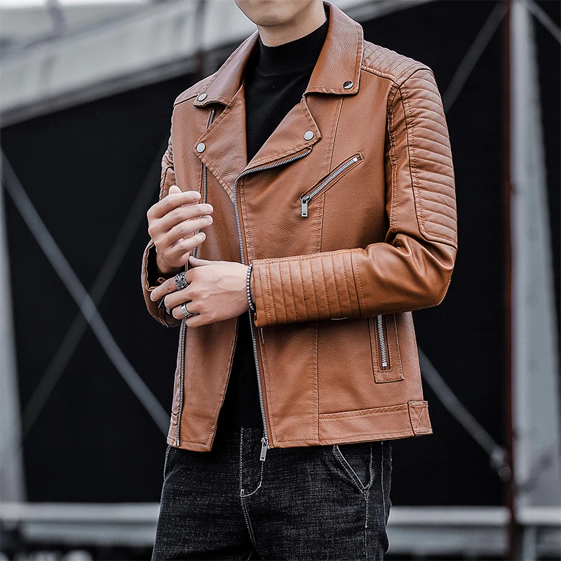 Herren Kunstleder-Bikerjacke mit gesteppter Ärmelpasse, asymmetrischem Reißverschluss und Metallzipper Nord Taschen