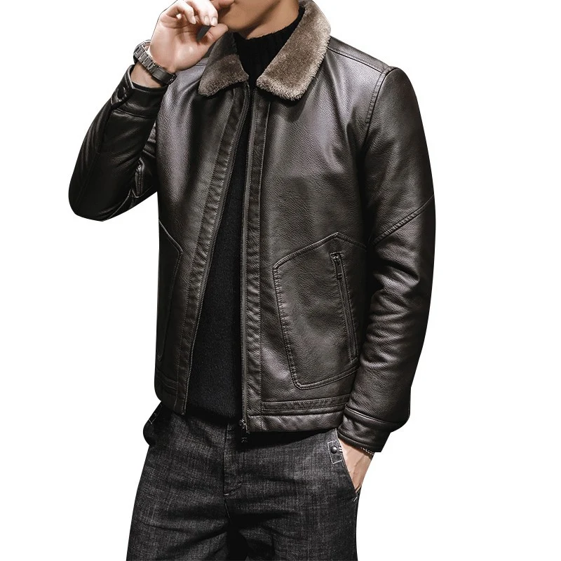 Herren klassische Lederoptik‑Fliegerjacke mit Teddykragen und verdecktem Reißverschluss Nord Taschen
