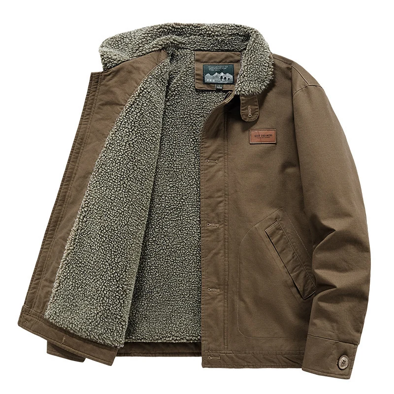 Herren kernige Canvas‑Workerjacke mit voluminösem Sherpa‑Innenfutter und hochschließendem Kragen Nord Taschen