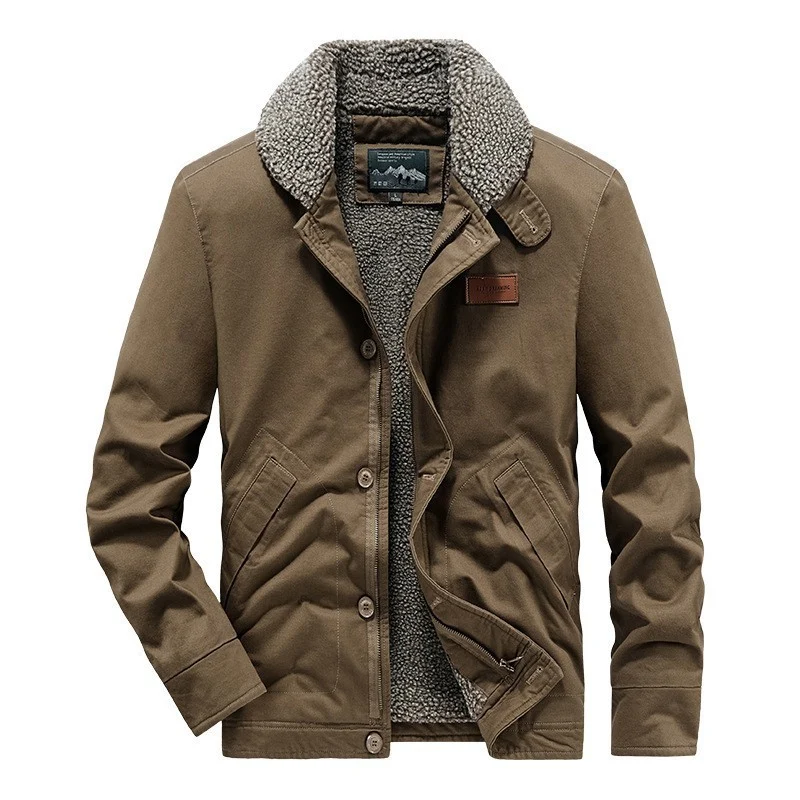 Herren kernige Canvas‑Workerjacke mit voluminösem Sherpa‑Innenfutter und hochschließendem Kragen Nord Taschen