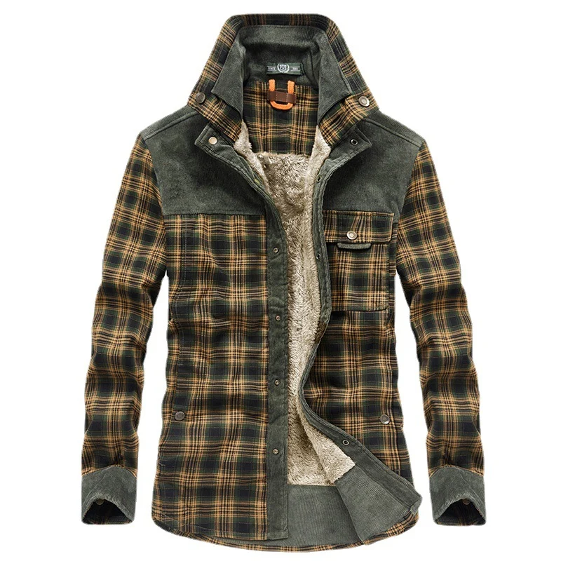 Herren Karo‑Hemdjacke mit Teddyfutter, Cord‑Schulterpasse und Multifunktionstaschen Nord Taschen