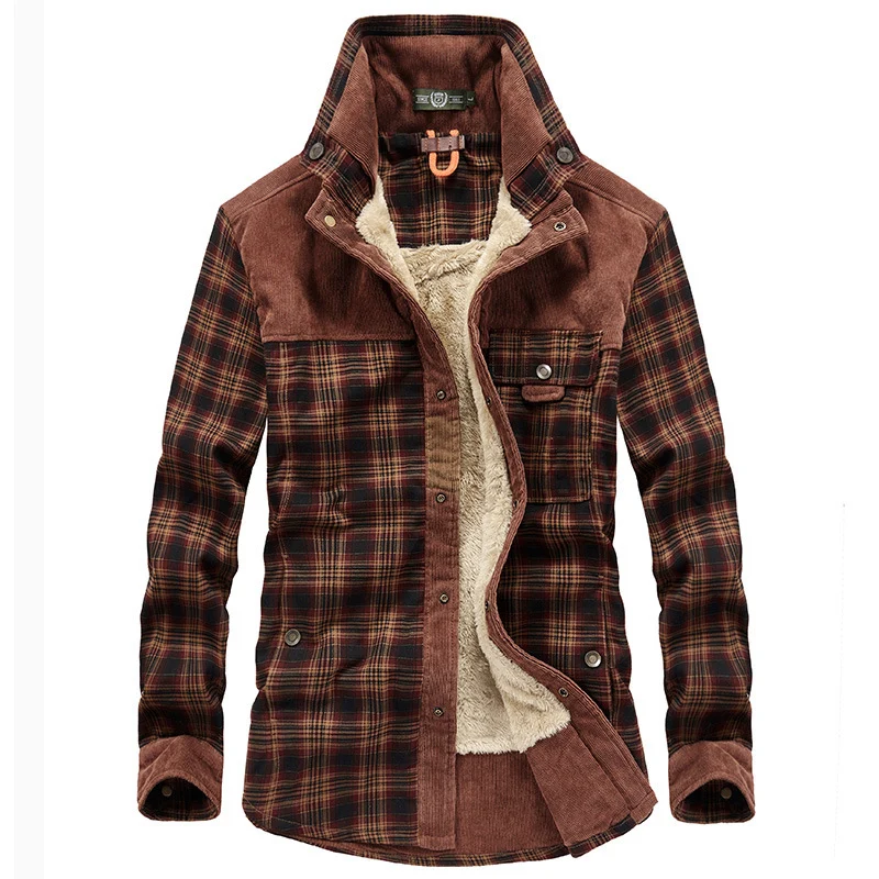 Herren Karo‑Hemdjacke mit Teddyfutter, Cord‑Schulterpasse und Multifunktionstaschen Nord Taschen