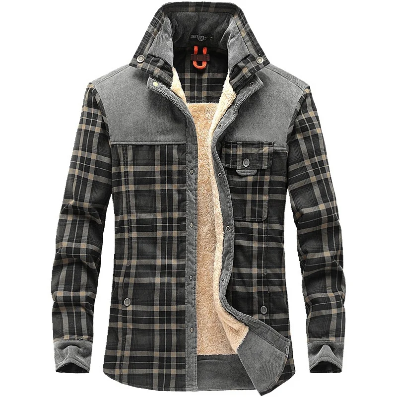 Herren Karo‑Hemdjacke mit Teddyfutter, Cord‑Schulterpasse und Multifunktionstaschen Nord Taschen