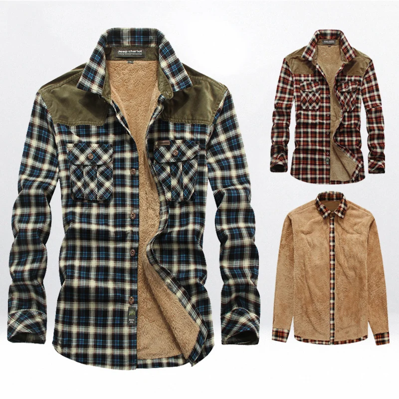 Herren kariertes Thermo‑Hemdjacke mit Teddyfutter und Schulterbesatz Nord Taschen
