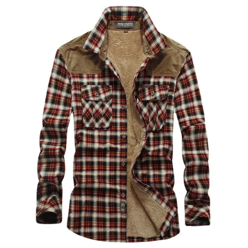 Herren kariertes Thermo‑Hemdjacke mit Teddyfutter und Schulterbesatz Nord Taschen