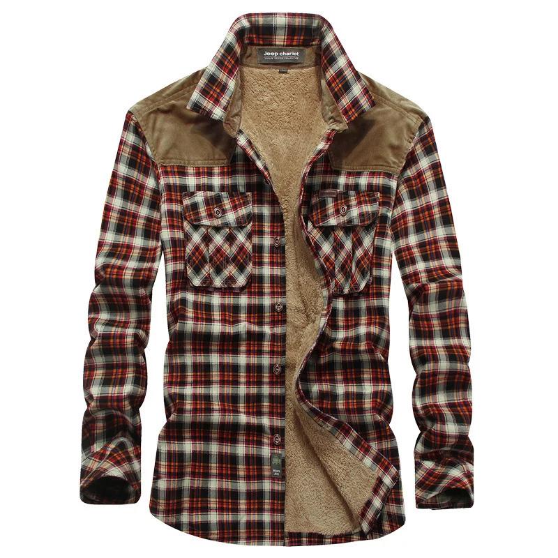 Herren kariertes Thermo‑Hemdjacke mit Teddyfutter und Schulterbesatz Nord Taschen