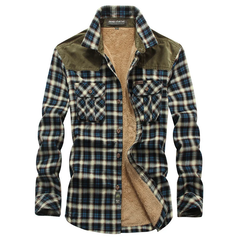 Herren kariertes Thermo‑Hemdjacke mit Teddyfutter und Schulterbesatz Nord Taschen