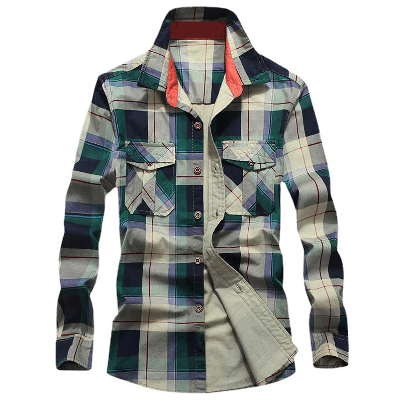 Herren Kariertes Baumwoll-Workshirt mit Brustpattentaschen und kontrastiertem Innenkragen Nord Taschen