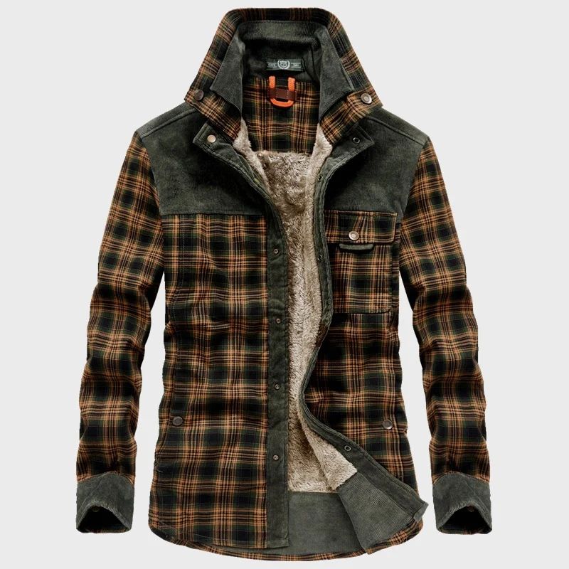 Herren karierte Thermo‑Hemdjacke mit Teddyfutter und Cord‑Schulterpasse Nord Taschen