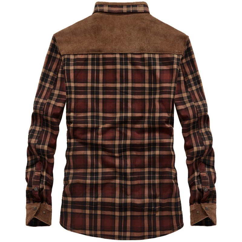 Herren karierte Thermo‑Hemdjacke mit Teddyfutter und Cord‑Schulterpasse Nord Taschen