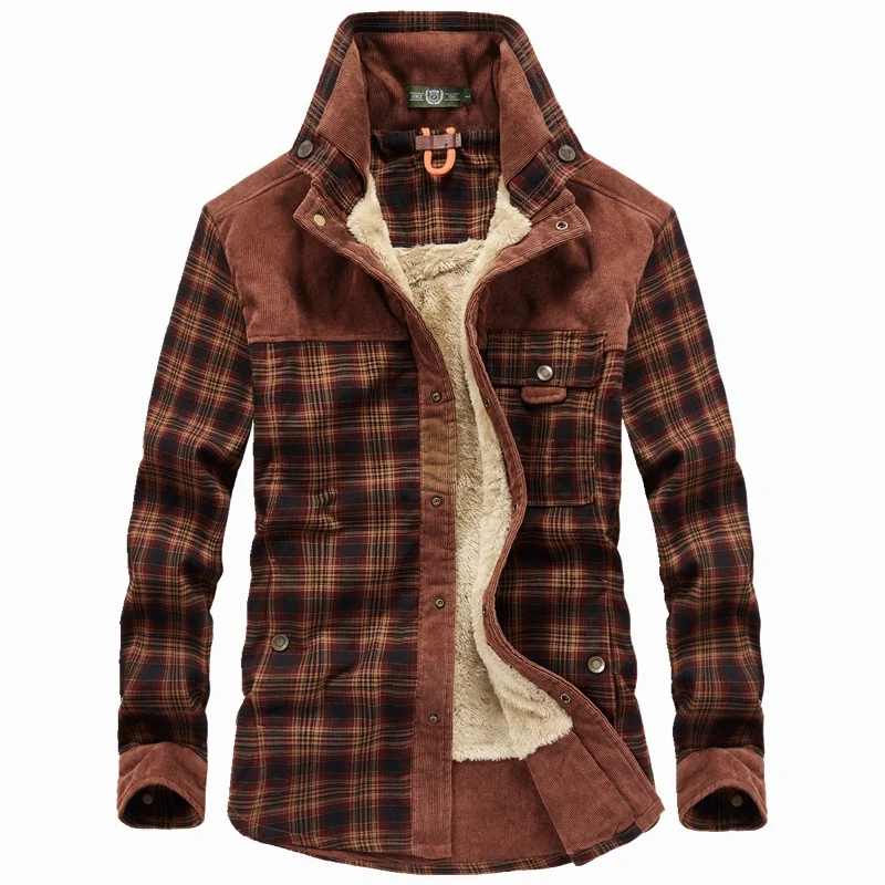 Herren karierte Thermo‑Hemdjacke mit Teddyfutter und Cord‑Schulterpasse Nord Taschen